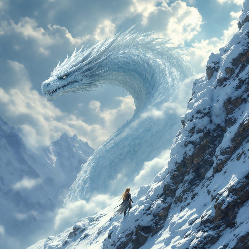 Elf Climbs Icy Peak with Dragon Overhead in Oil Realism