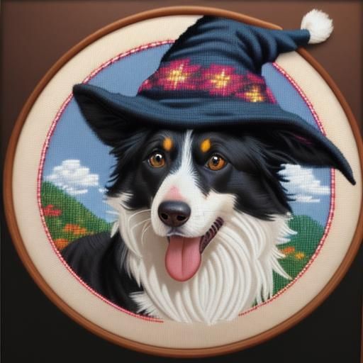 Needlepoint Border Collie in Witch Hat