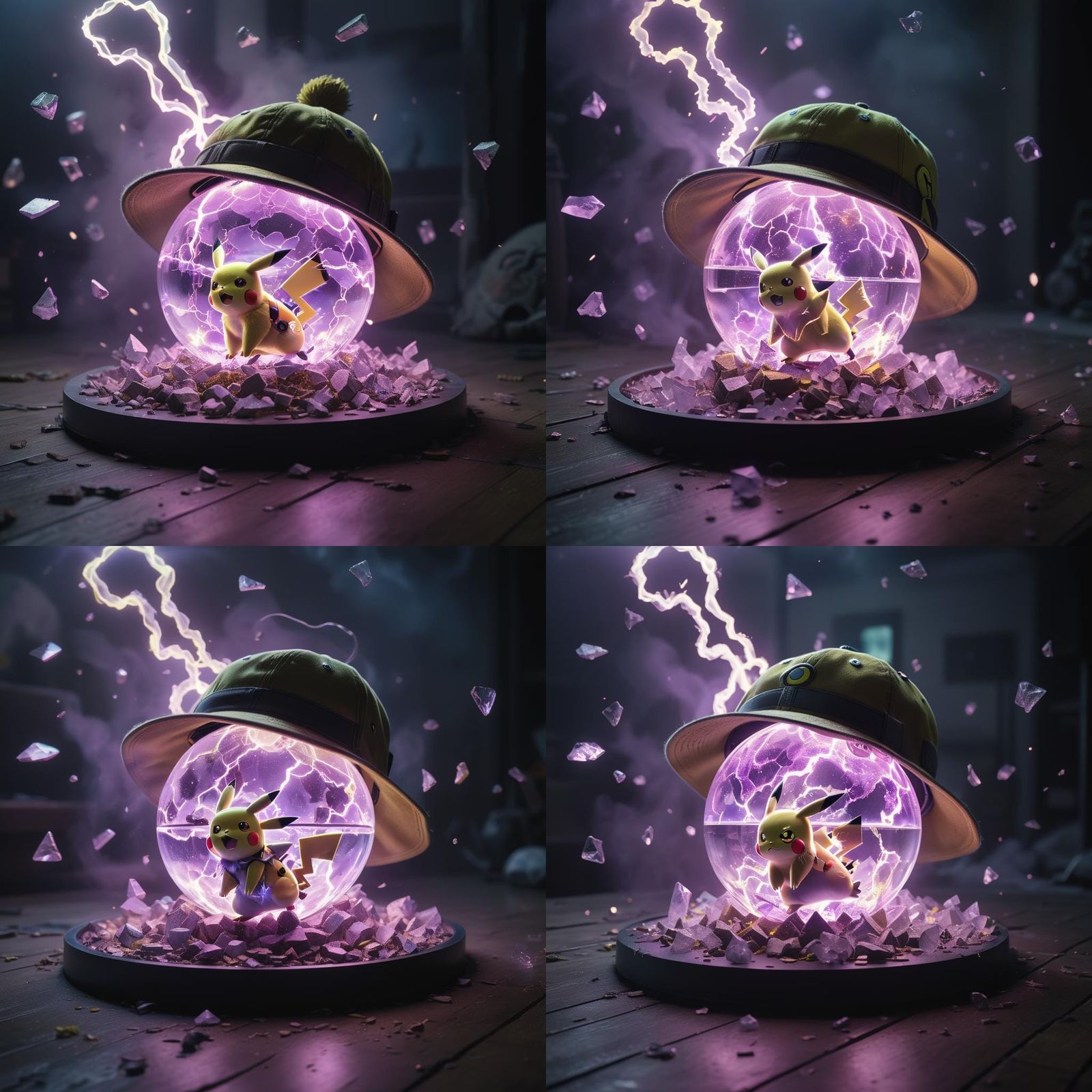 Pikachu in Master Ball: Hyperrealistic Glass Explosion