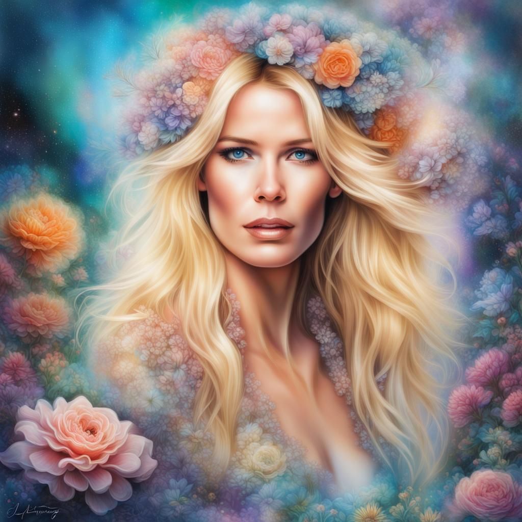 Ethereal Fantasy Portrait with Flowers, Holographic Illustra...