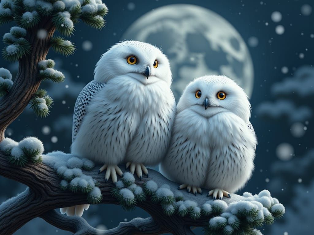 Wise Snowy Owls on Moonlit Winter Tree