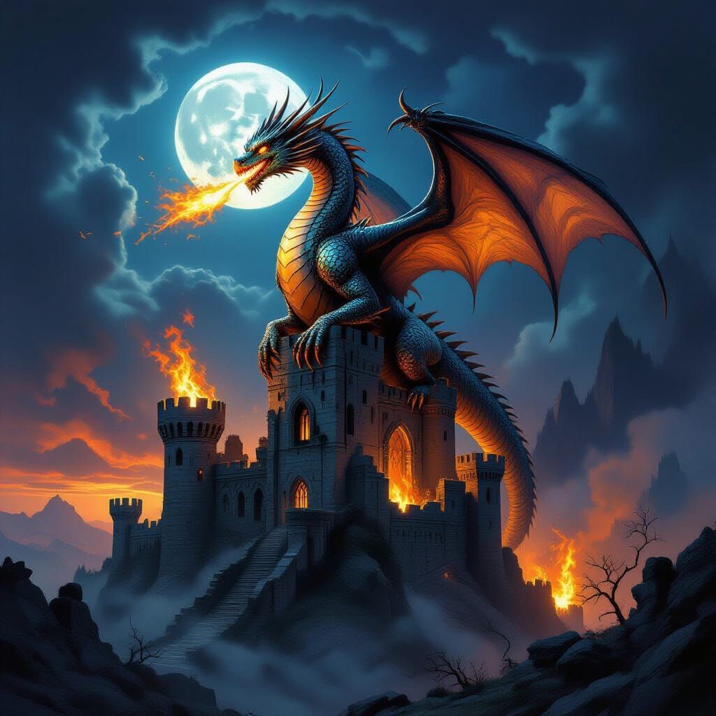 Iridescent Dragon Perched Atop Ruined Castle