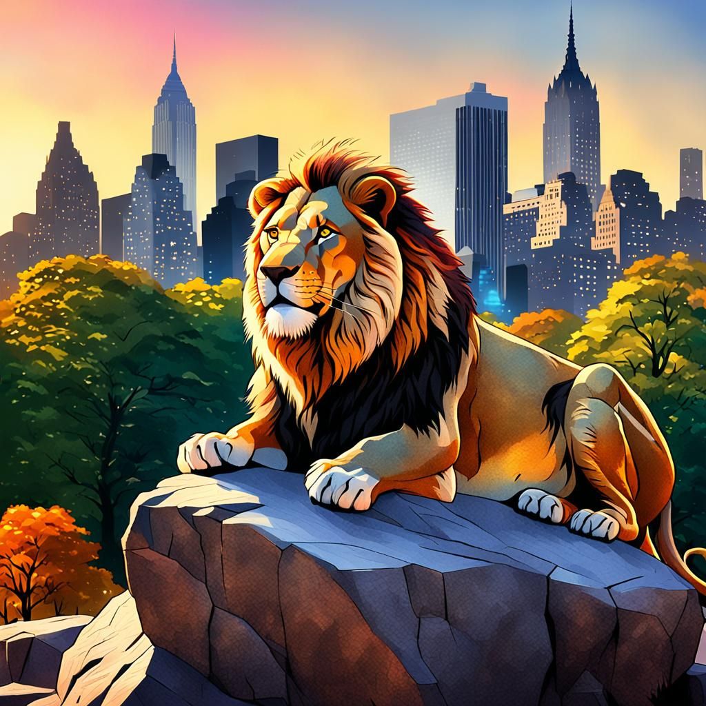 Lion in Central Park: Cartoon Concept Art