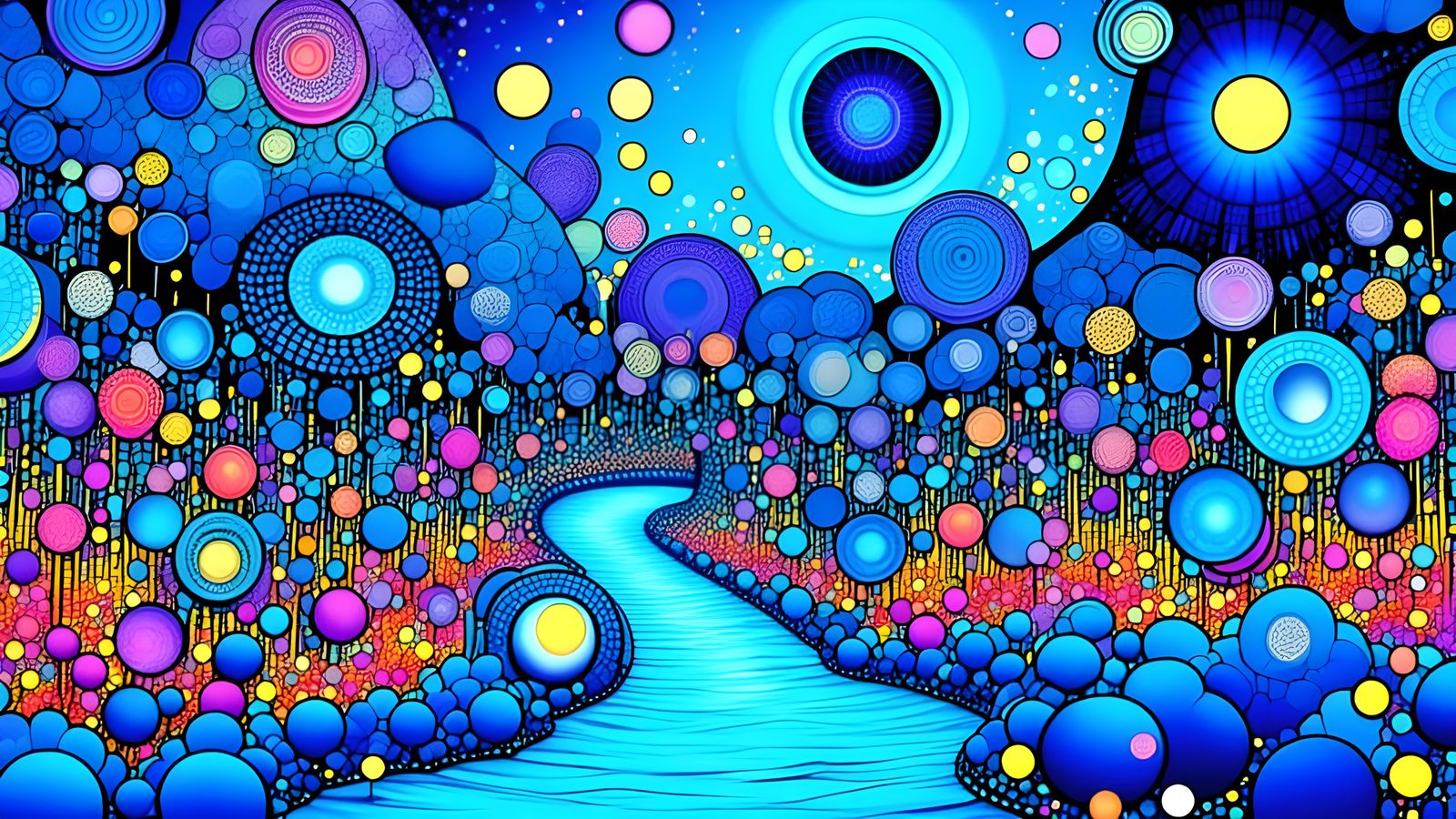 Psychedelic Garden with Winding River in Time Flow Style