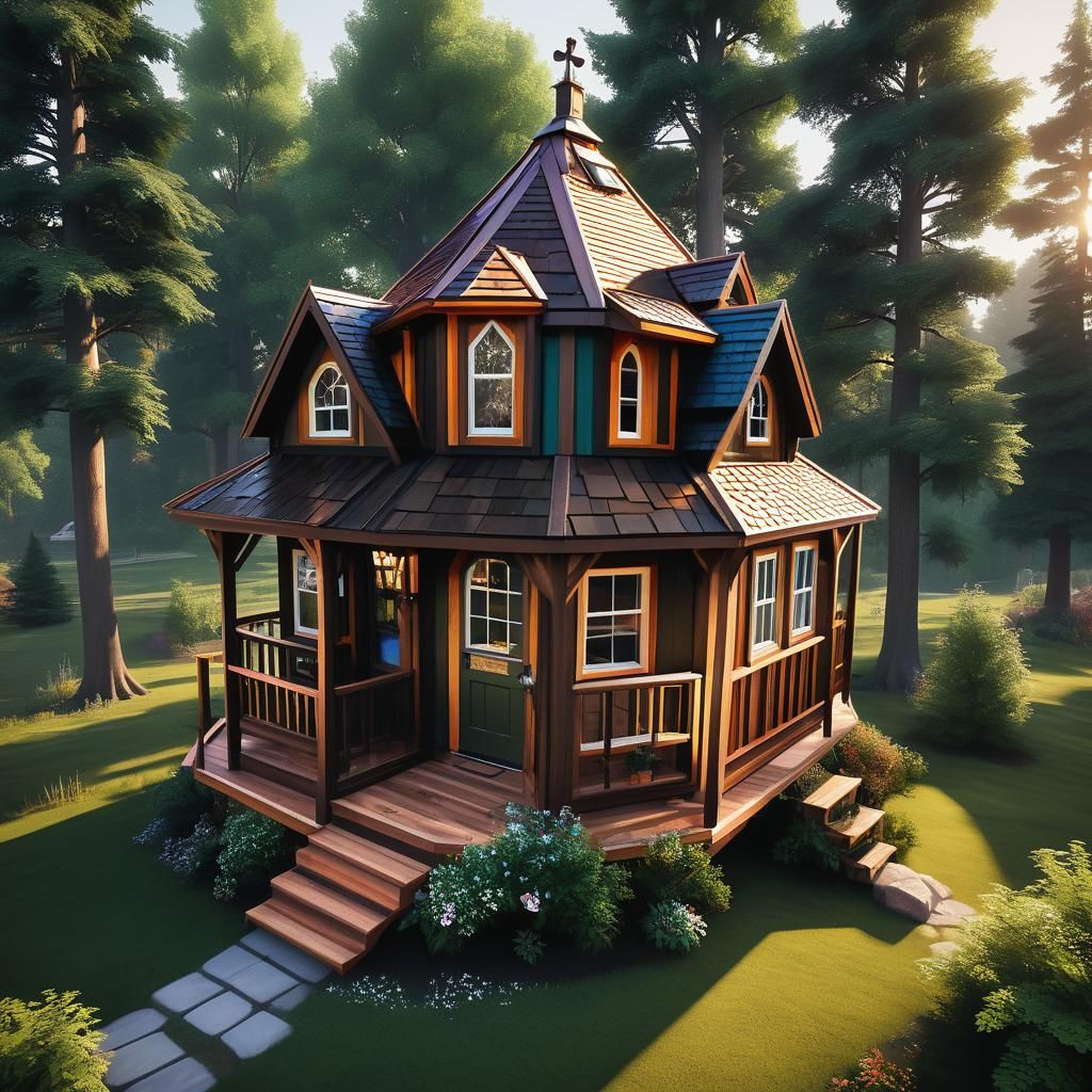 24' two story octagon tiny house with A-frame roof cedar siding cedar shingles church shape windows lovely well lit grea...