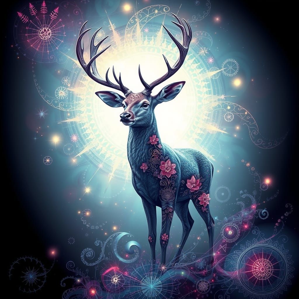 Mystical Deer in Flickering Light, Abstract Digital Art