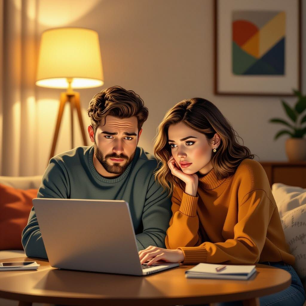 Perplexed Couple Over Laptop in Midcentury Living Room
