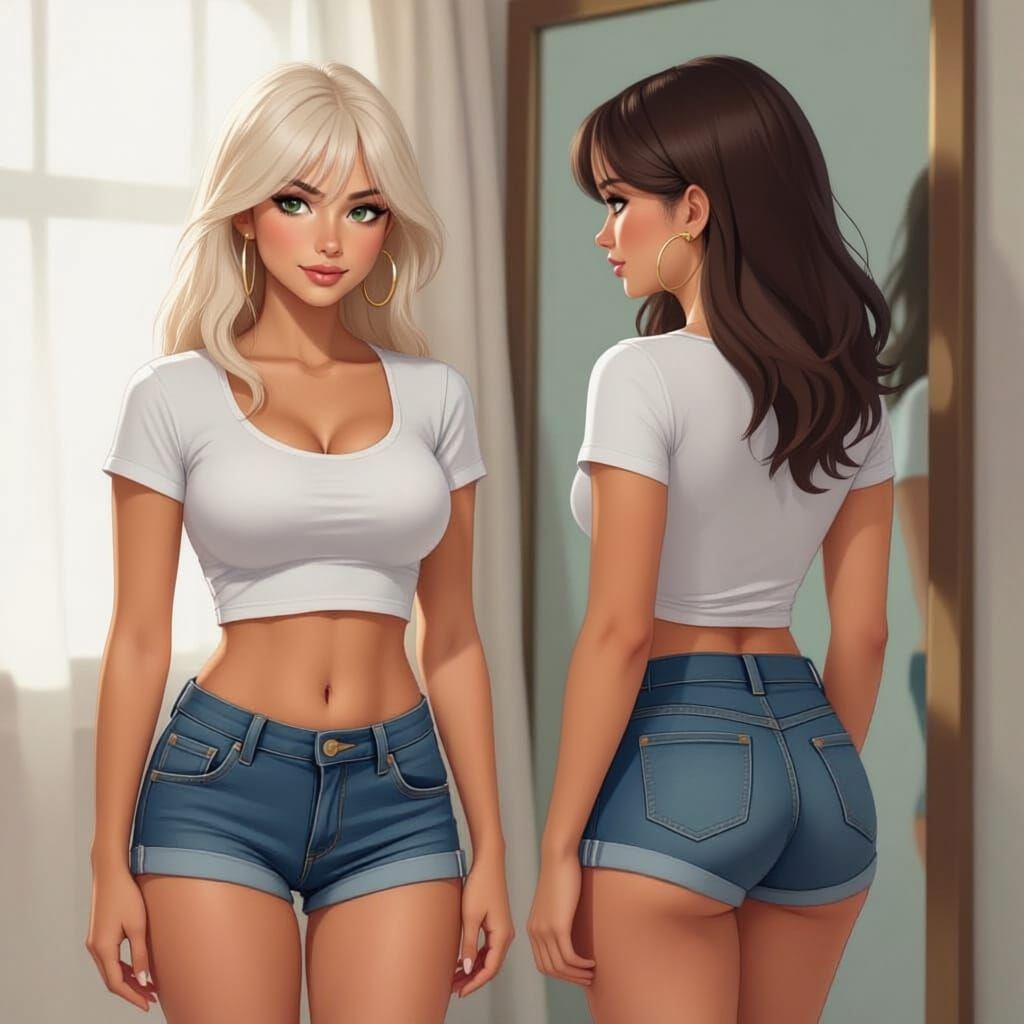 Hound Woman Posing in Mirror with White T-Shirt