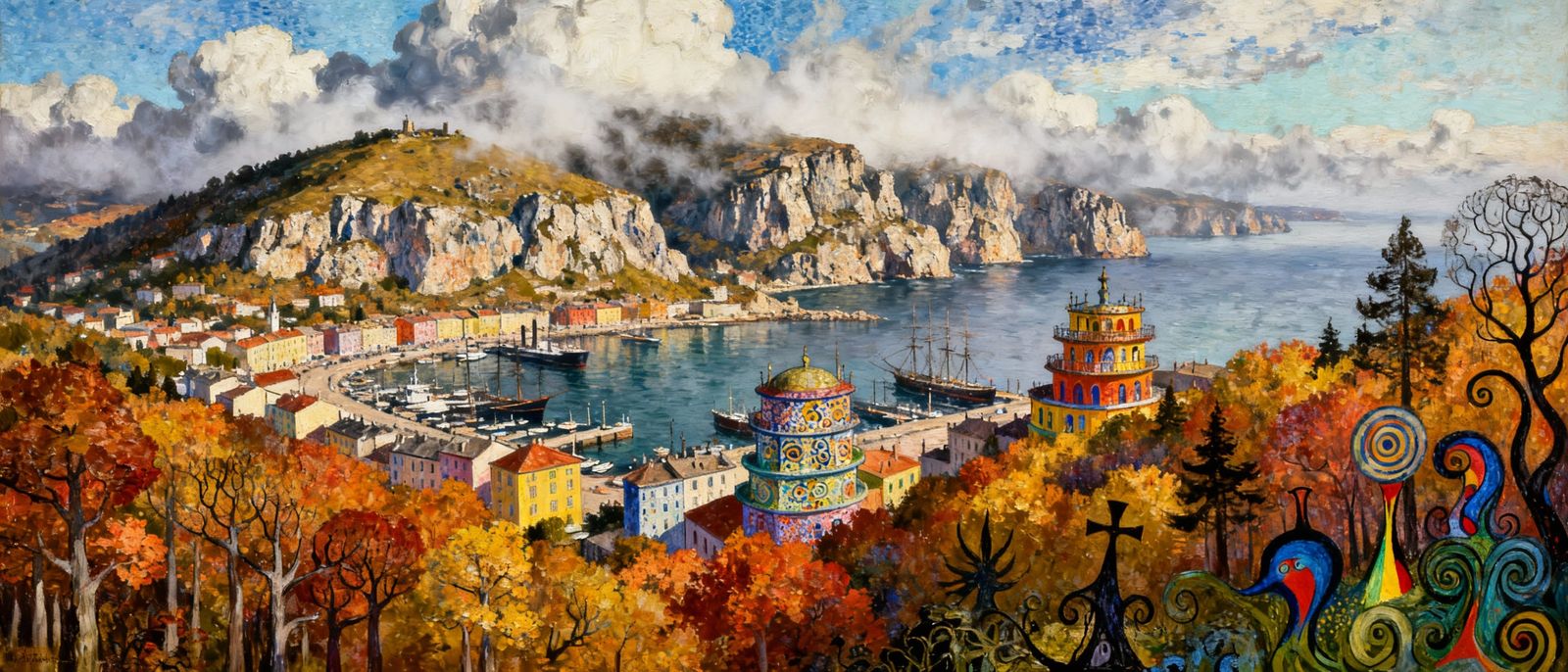 Pointillist Harbor Town Painting in Autumn Colors