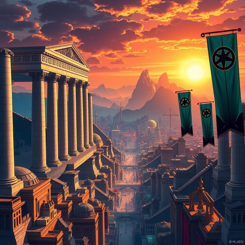 Ancient Roman Cityscape in Cyberpunk Style