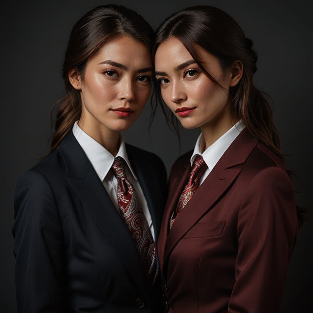 Two Women in Formal Business Attire Share a Tender Moment