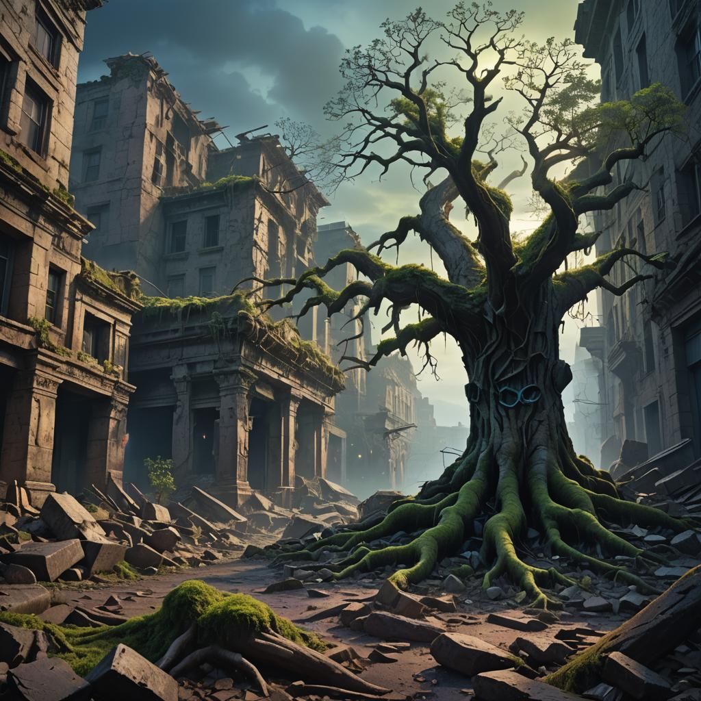 Desolate Cityscape with Ancient Tree in Matte Painting