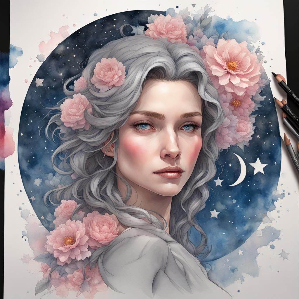 Watercolor Portrait of Woman with Stars and Moon