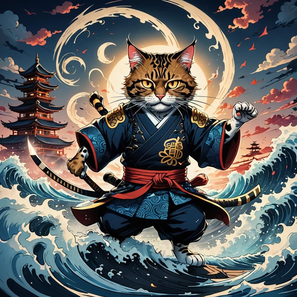 Samurai Cat in Manga Style with Glowing Eyes