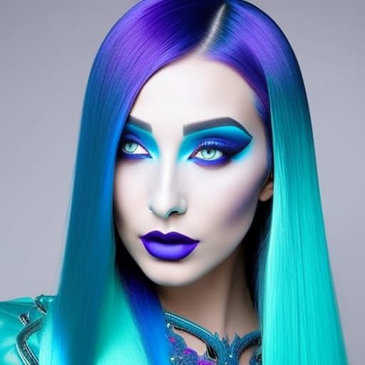Ethereal gothic young lady with long flowing Electric blue h...