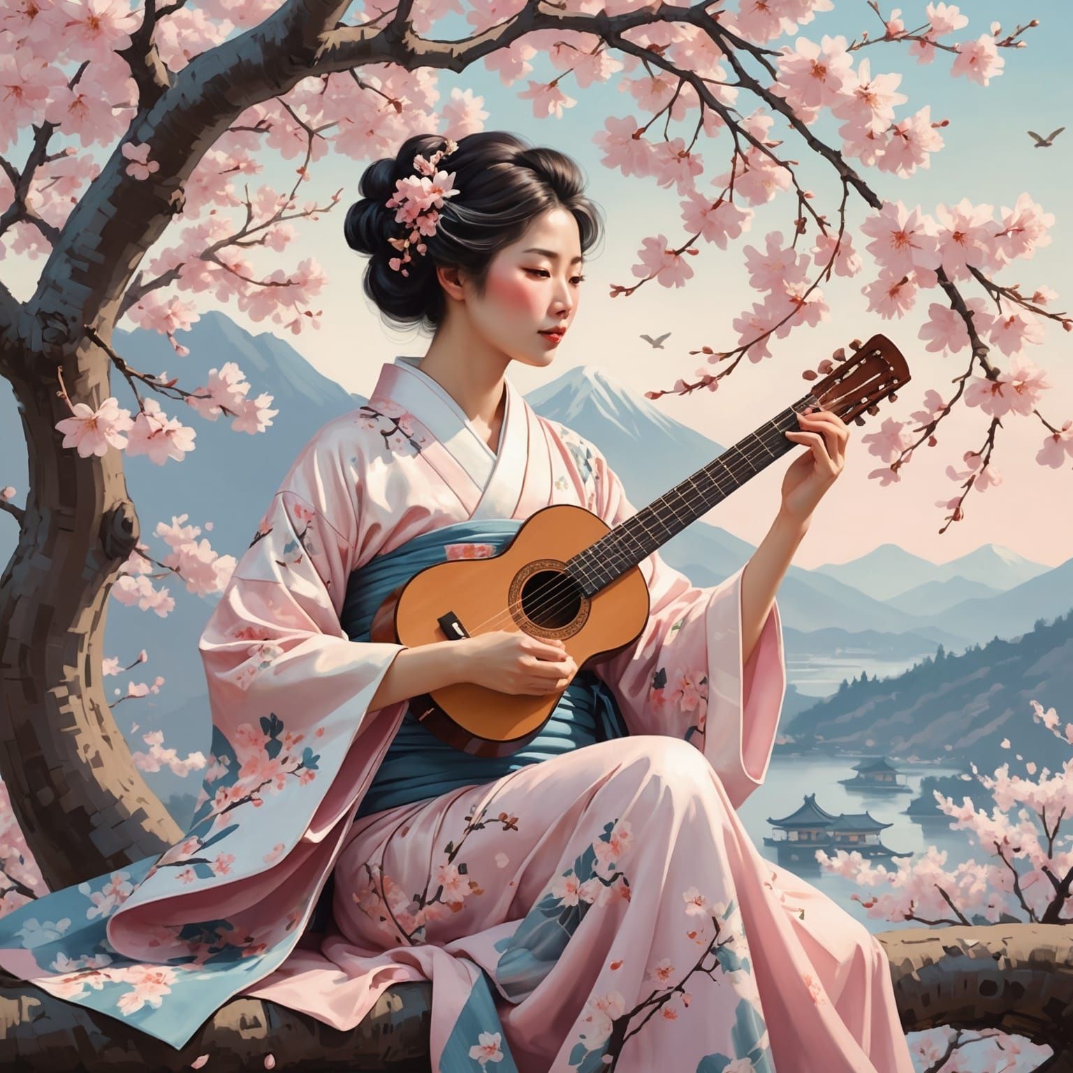 Ethereal Japanese Woman in Kimono Playing Ukulele