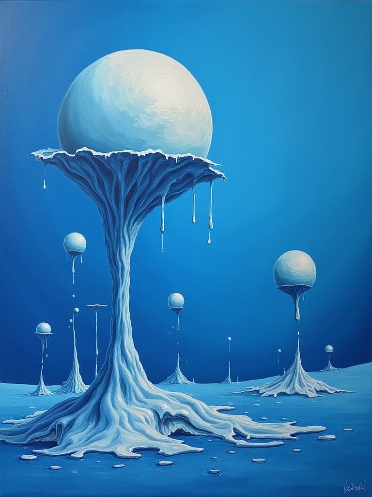 Surreal Blue Dreamscape with Melting Objects
