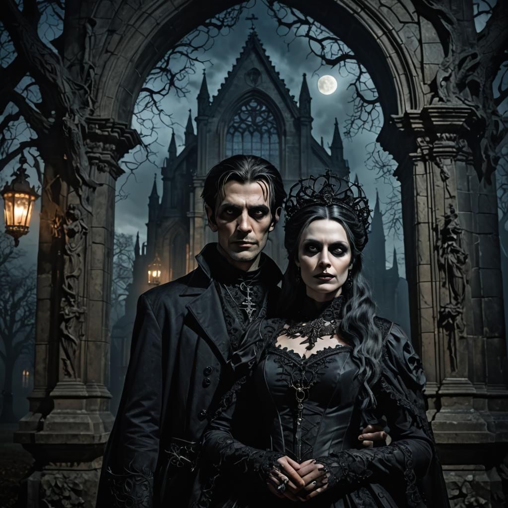 Gothic Couple Portrait in Volumetric Moonlight