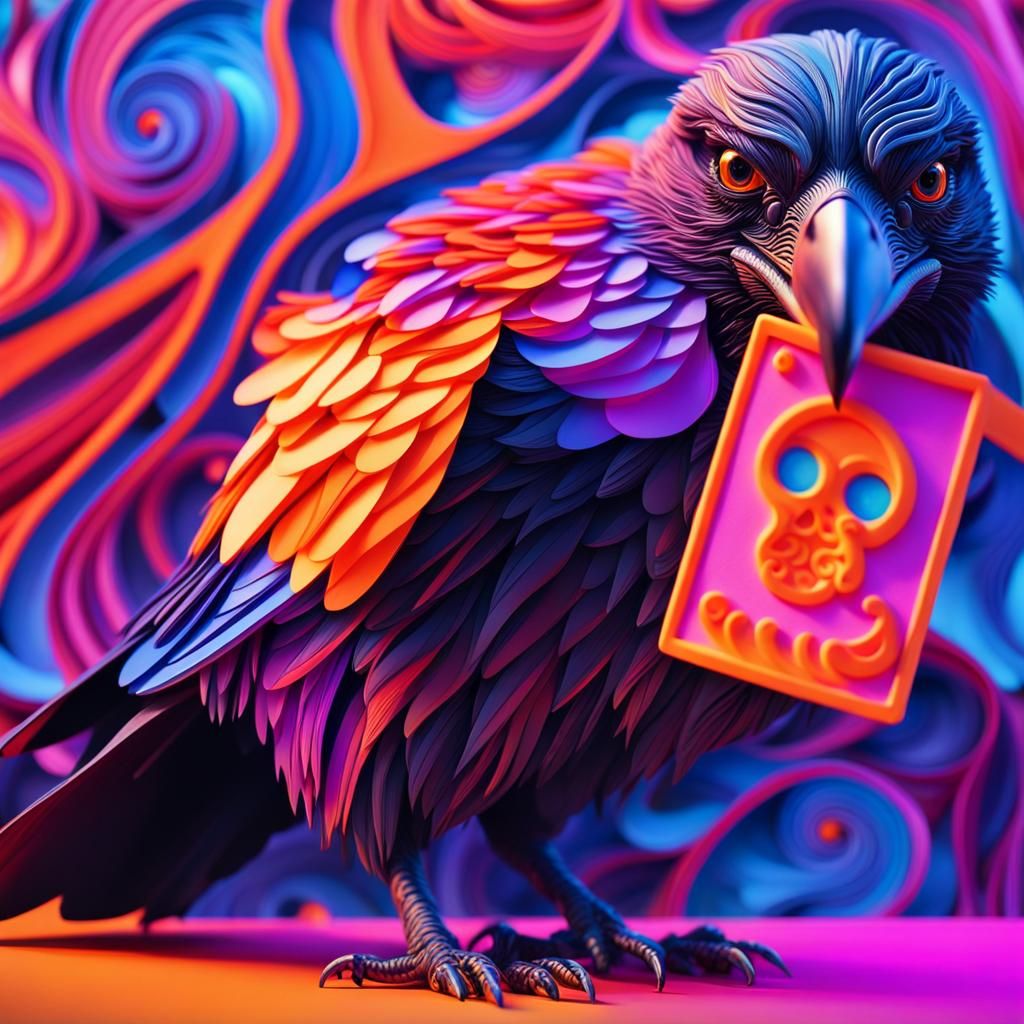 Neon Fractal Crow: Quilling Collage Art