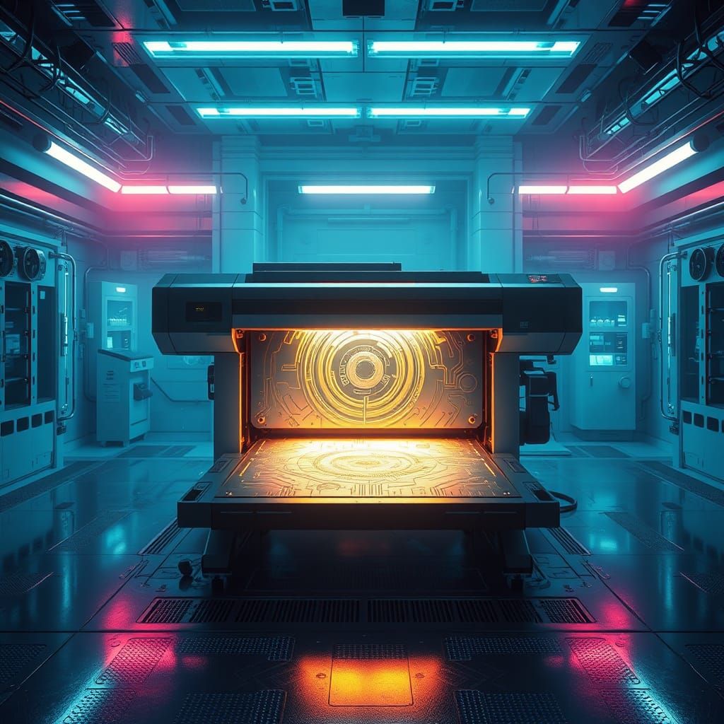 Futuristic Lab with Glowing High-Tech Printer