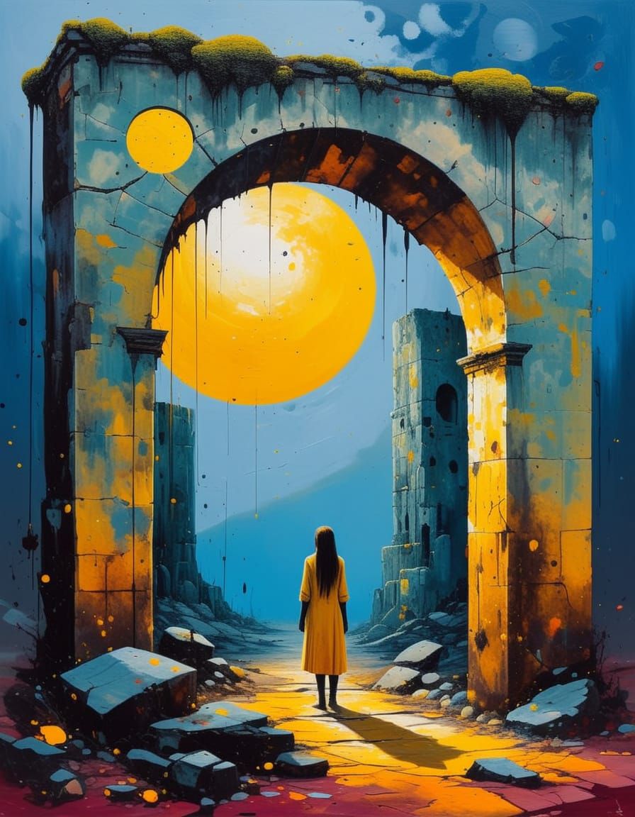 Woman at Crumbling Archway: Impasto Oil Painting