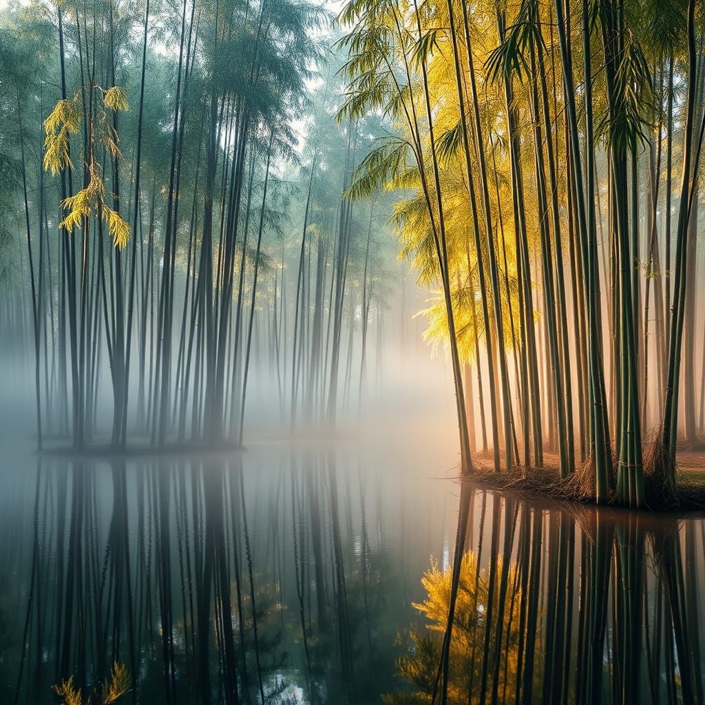 Serene Lake Landscape in Tropical Bamboo Forest