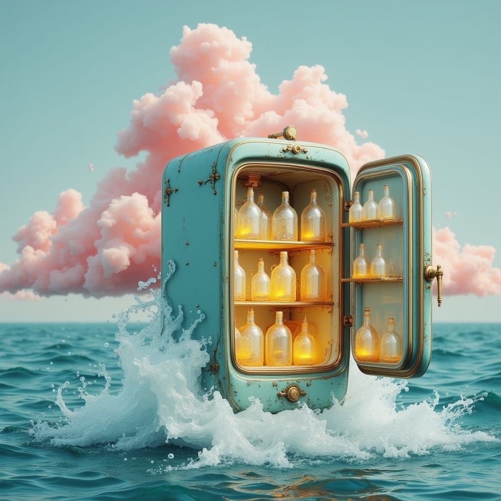 Vintage Refrigerator Floats in Whimsical Ocean Scene