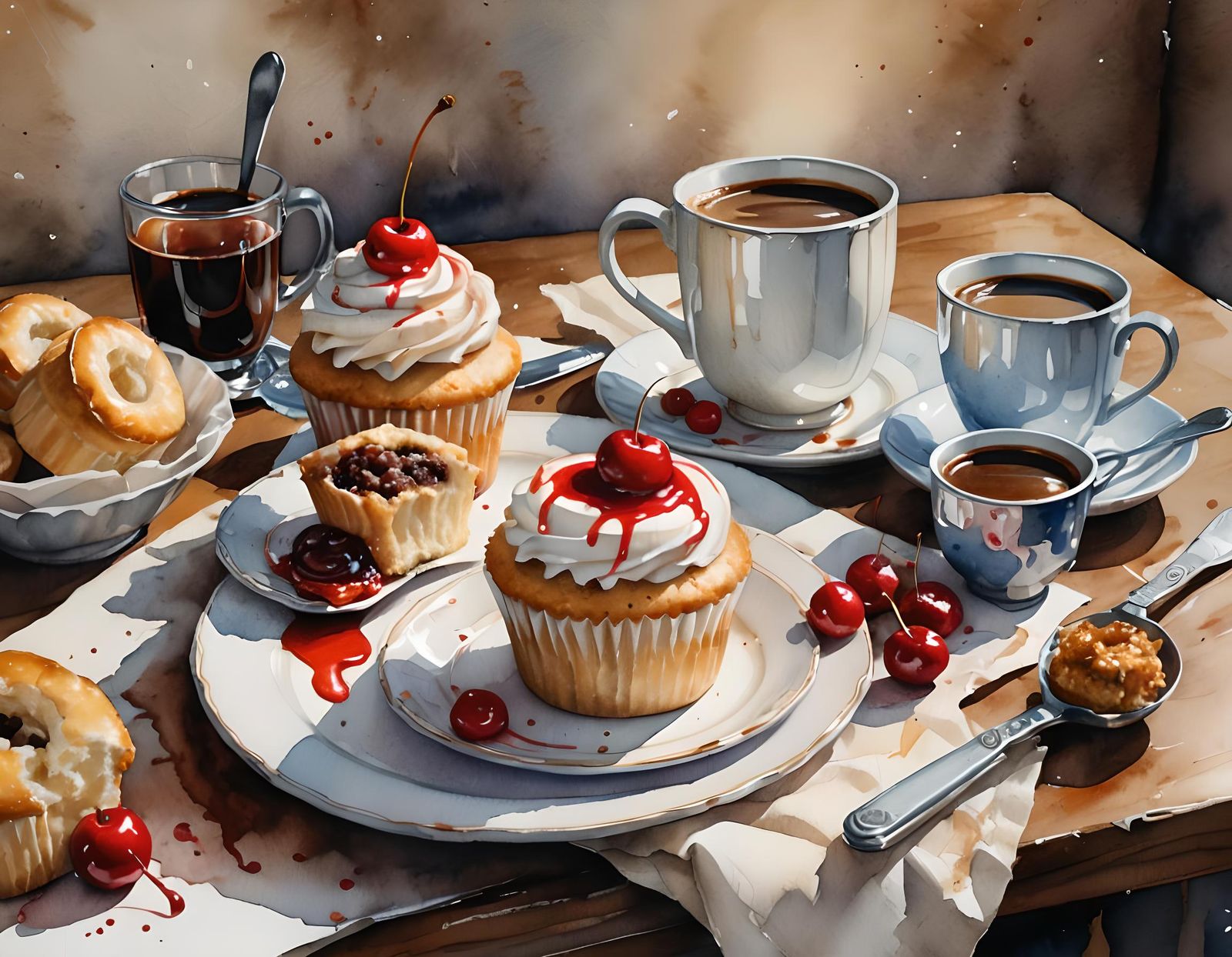 Watercolor Cupcake, Sausage Roll, and Coffee Still Life