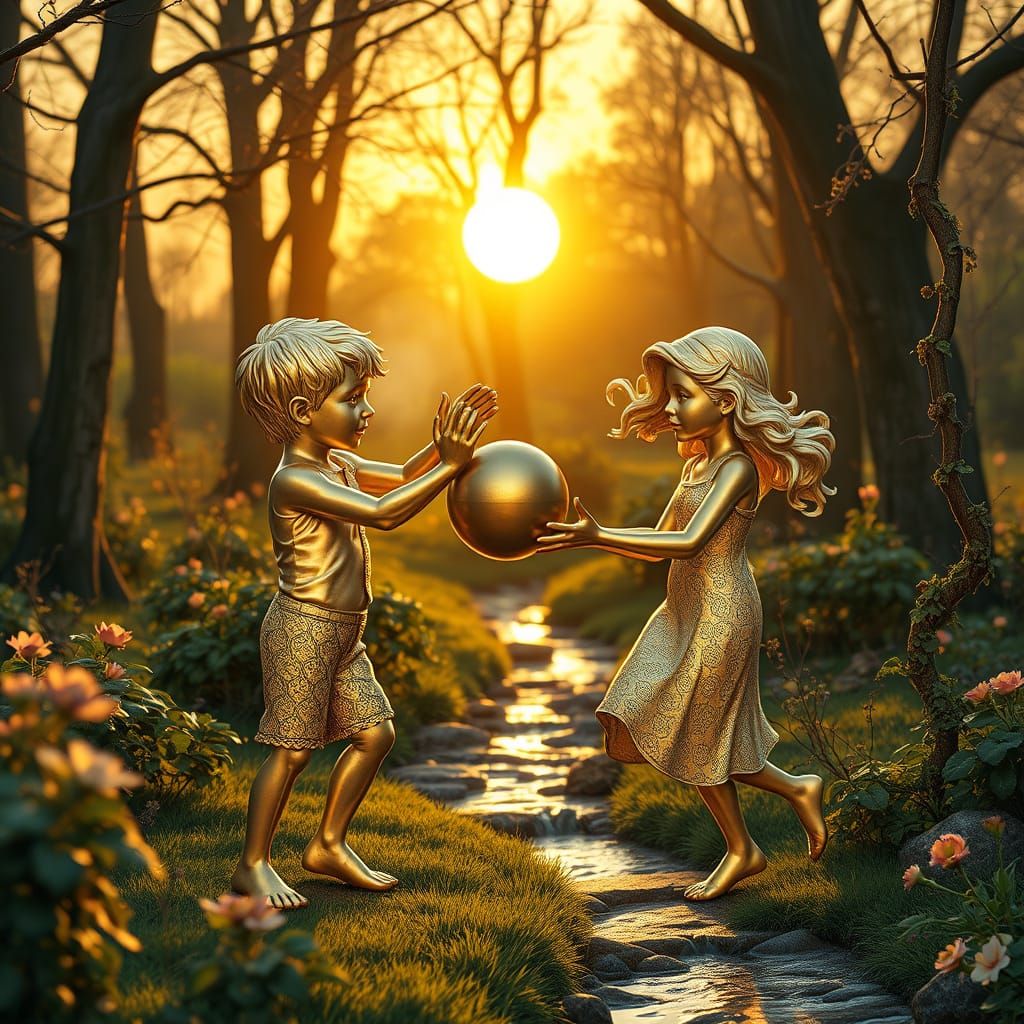 Golden Boy and Silver Girl in Whimsical Springtime Scene