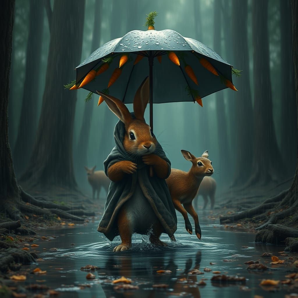 Rabbit and Doe in Rainy Forest, Matte Painting