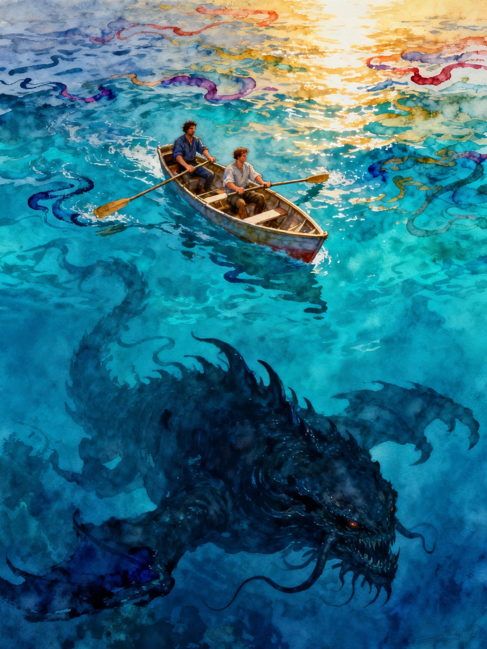 Deep Sea Monster Threatens Rowboat In Sinister Ink Flow