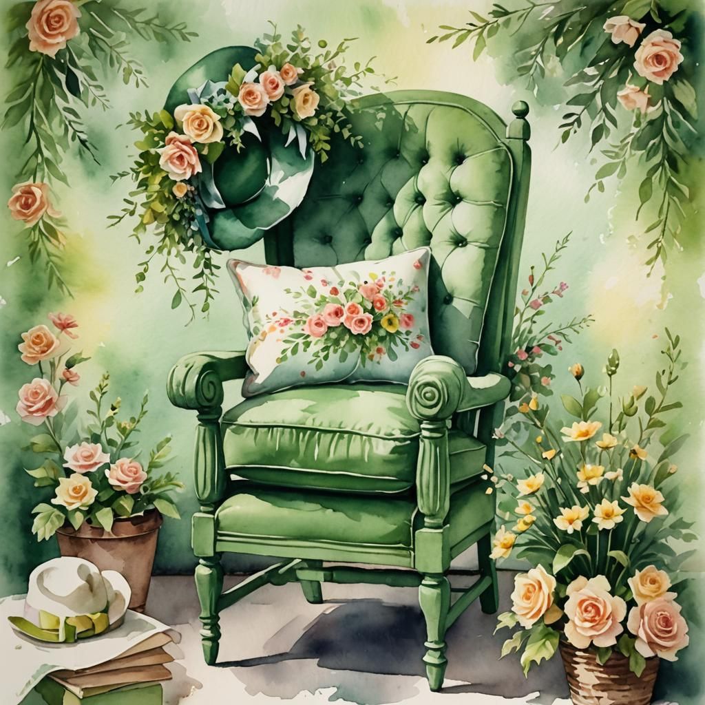 Vintage Watercolor of Green Chair with Hats