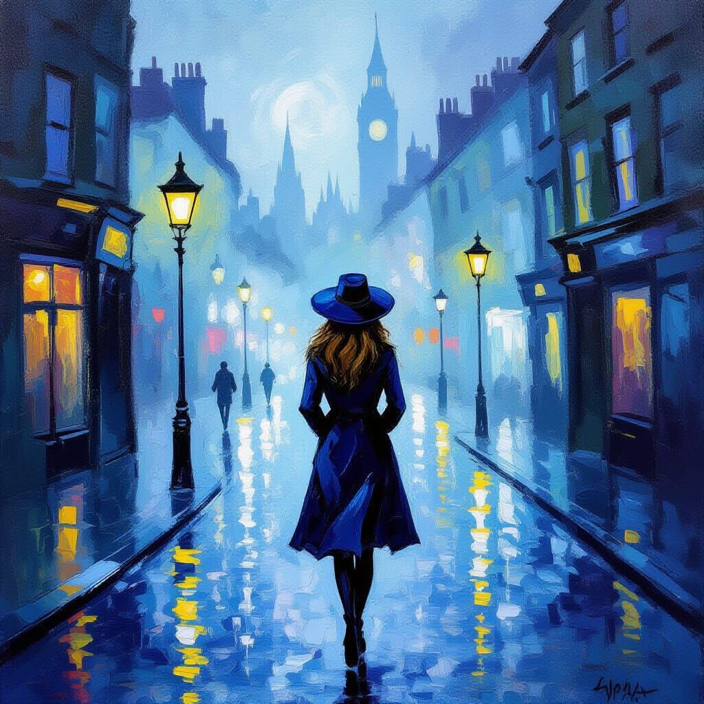 Woman in Blue Hat Walks Through London Fog in Van Gogh Style