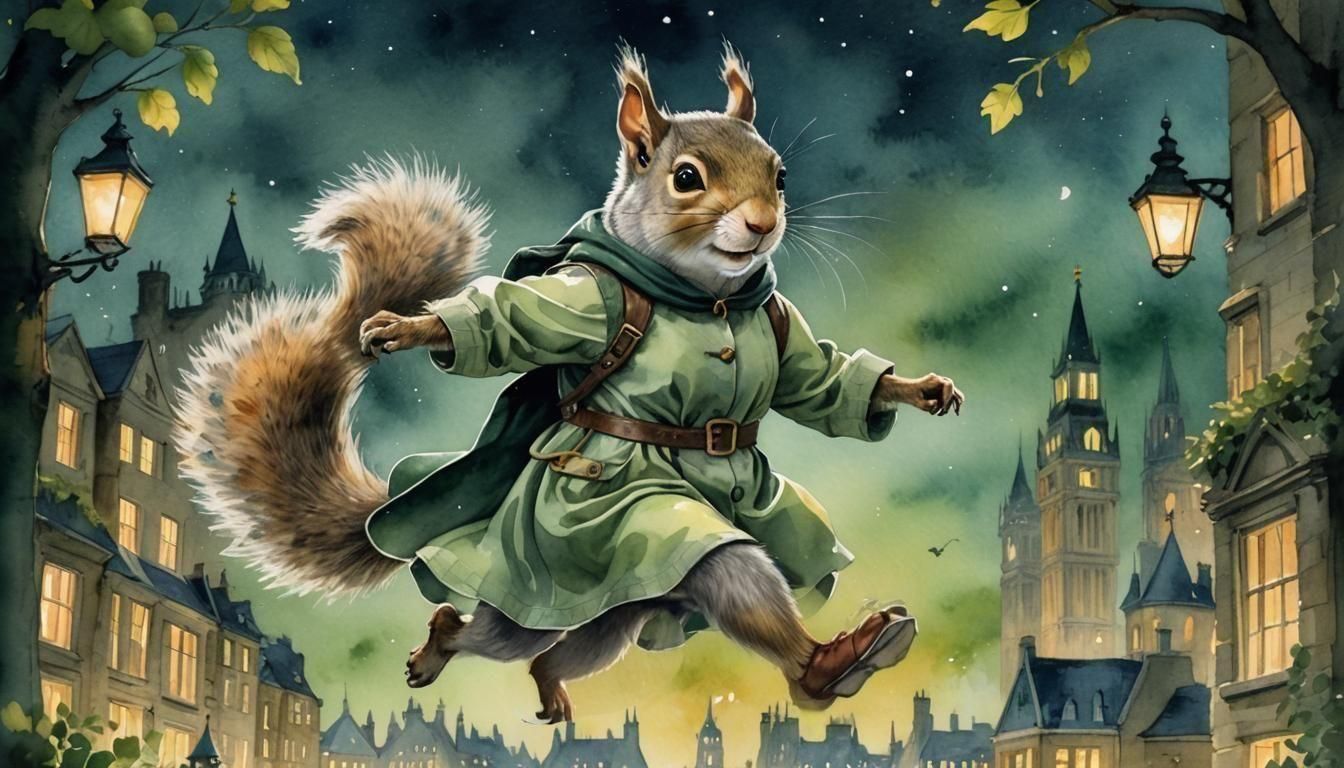 Squirrel as Peter Pan Flying Over London