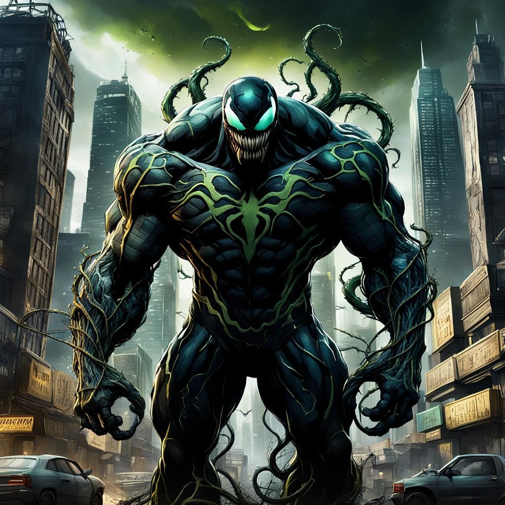 Venom in Twisted Cityscape: Dark Fantasy Concept Art