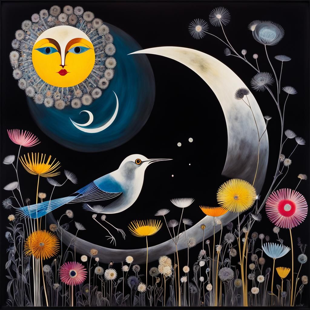 Surreal Floral Birds in Dreamscape, Grayscale and Color