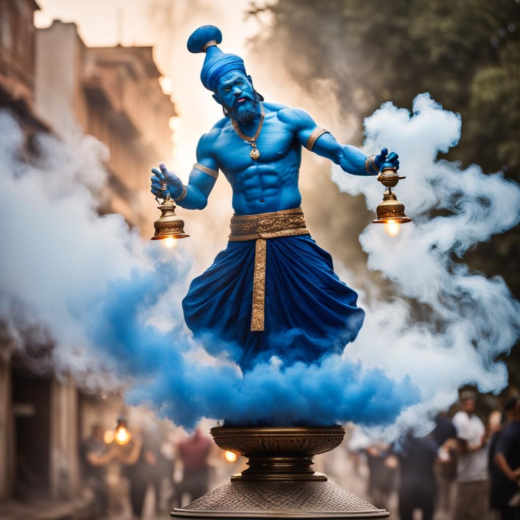 Blue Genie Emerges from Lamp with Smoke