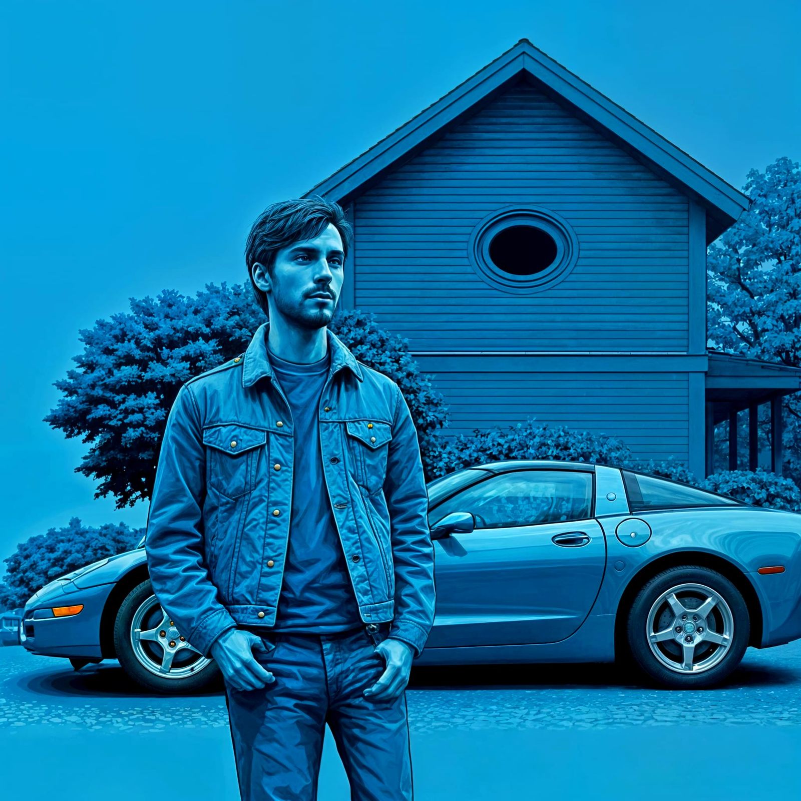 Blue Monochromatic Oasis in Pop Art Style