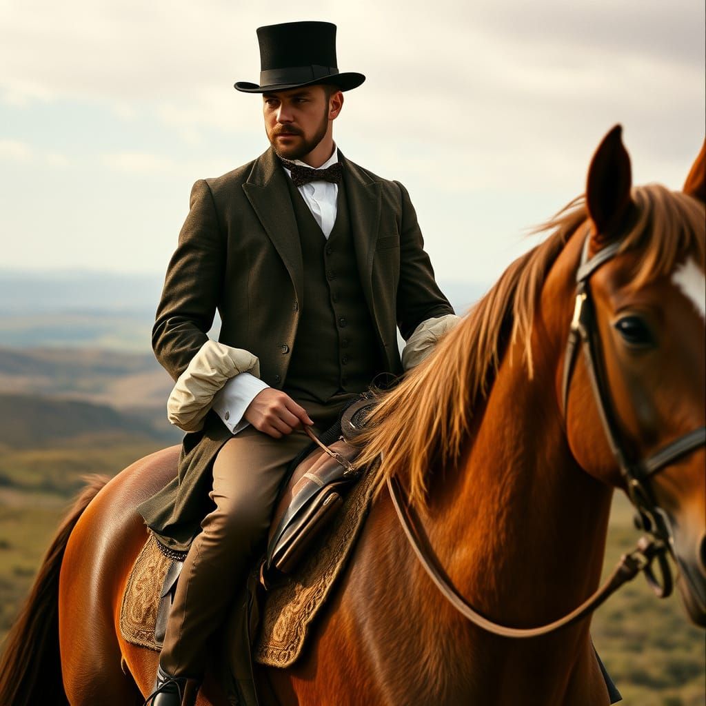 Dignified Gentleman Rides Horse in 19th Century Landscape wi...