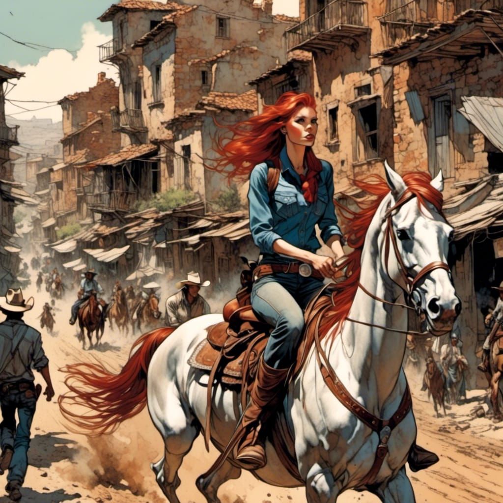 Red-Haired Cowgirl on Horse in Comic Book Art