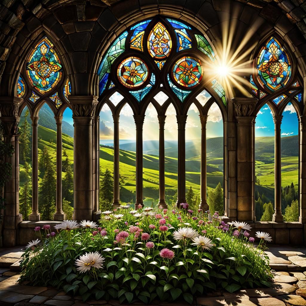 Sunlit Celtic Stained Glass in Ruined Abbey