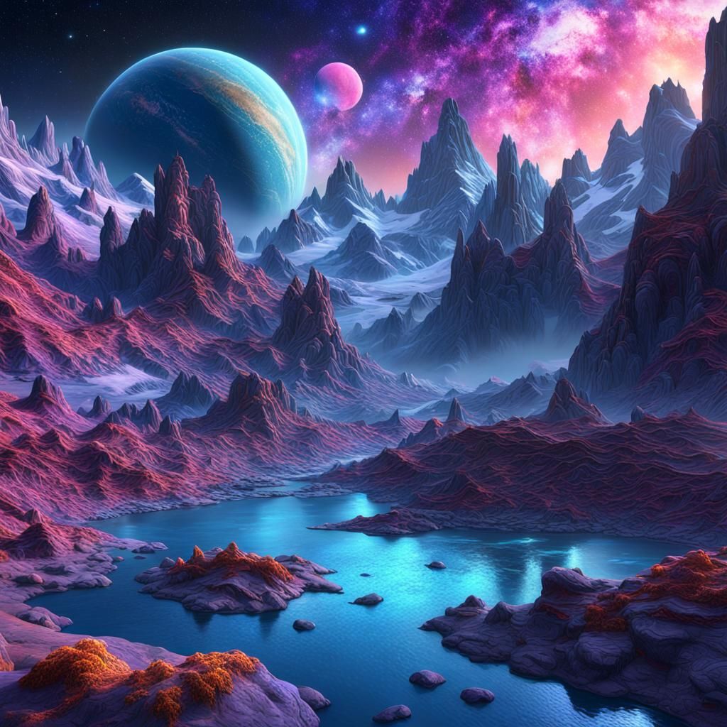 Hyperrealistic Alien Landscape with Galaxy and Stars