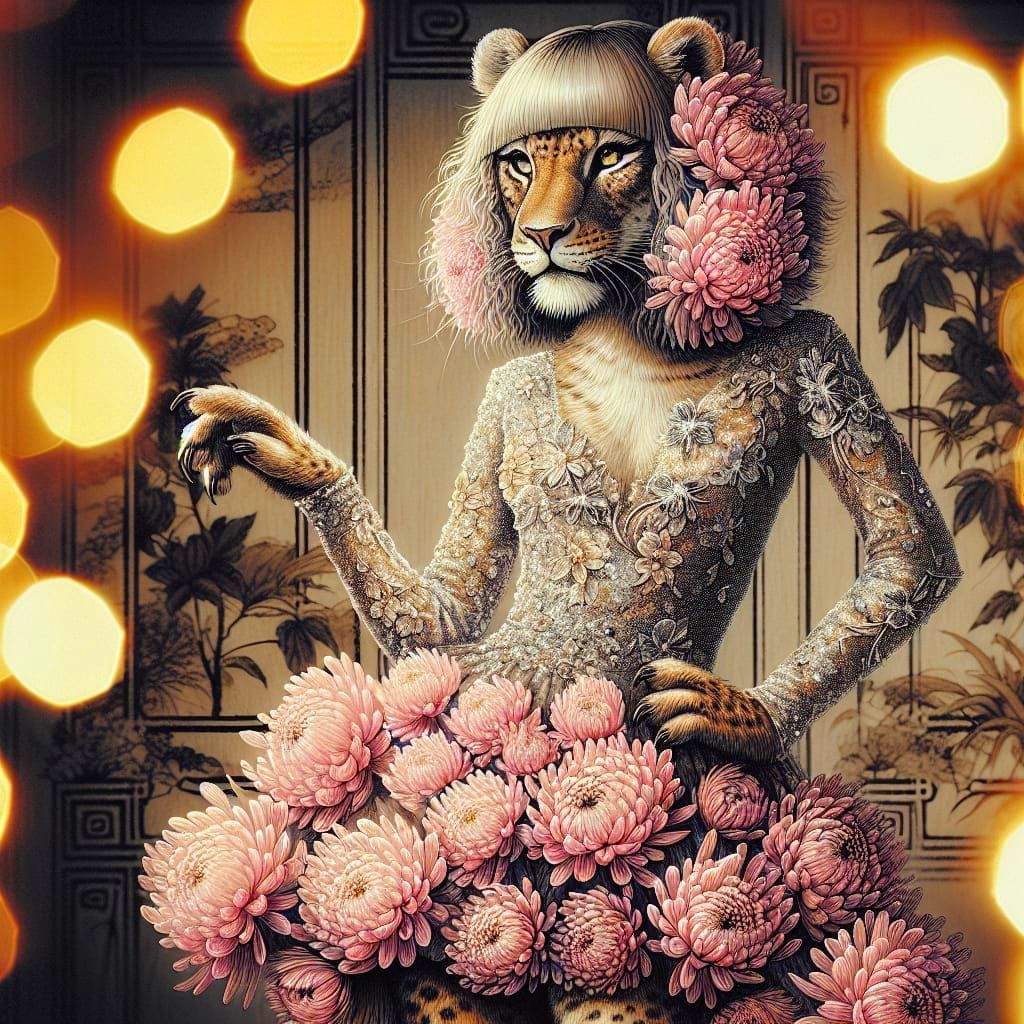 Chrysimodelion: lioness wearing a chrysanthemum dress like a fashion model