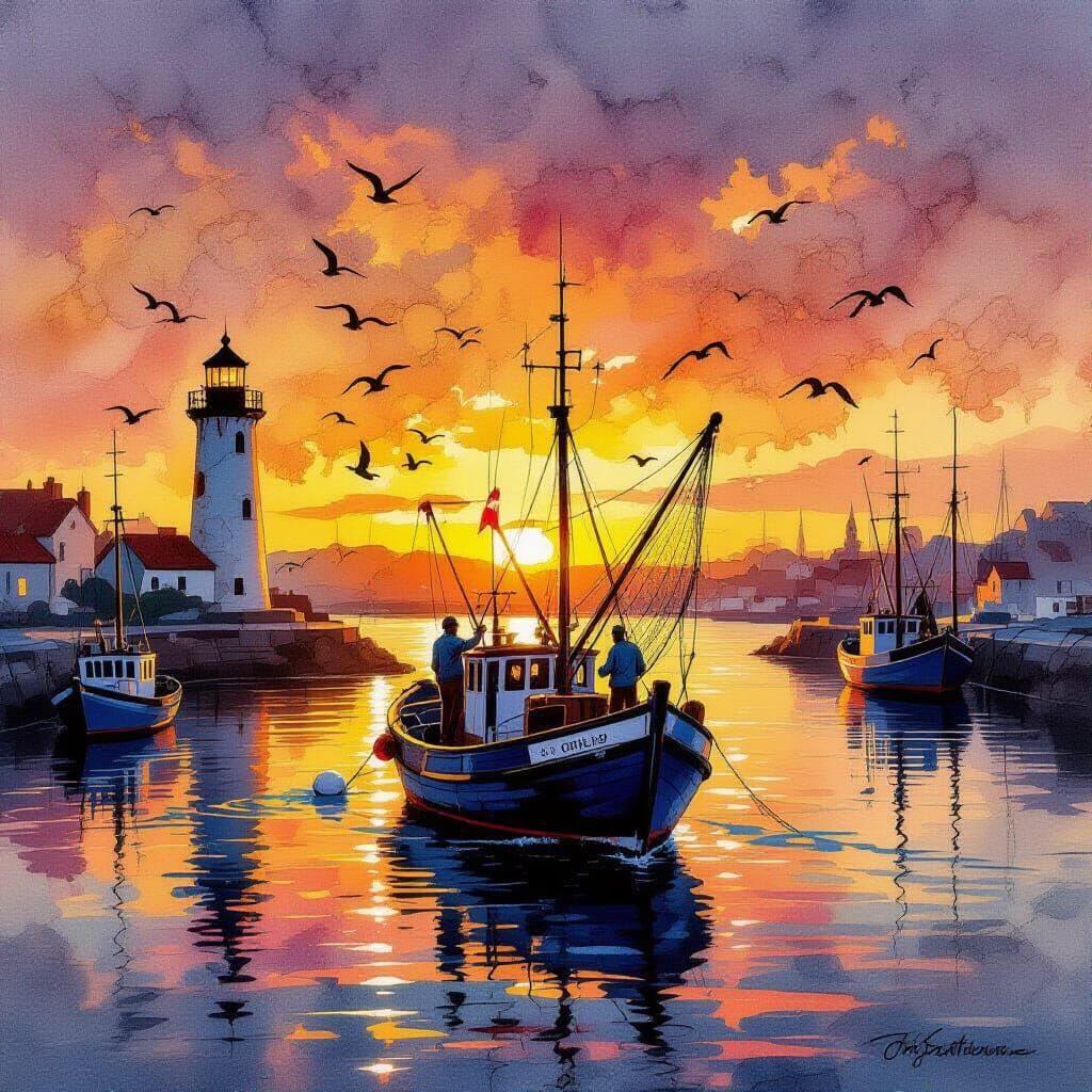Fishing Boat at Sunset in Ethereal Alcohol Ink Style