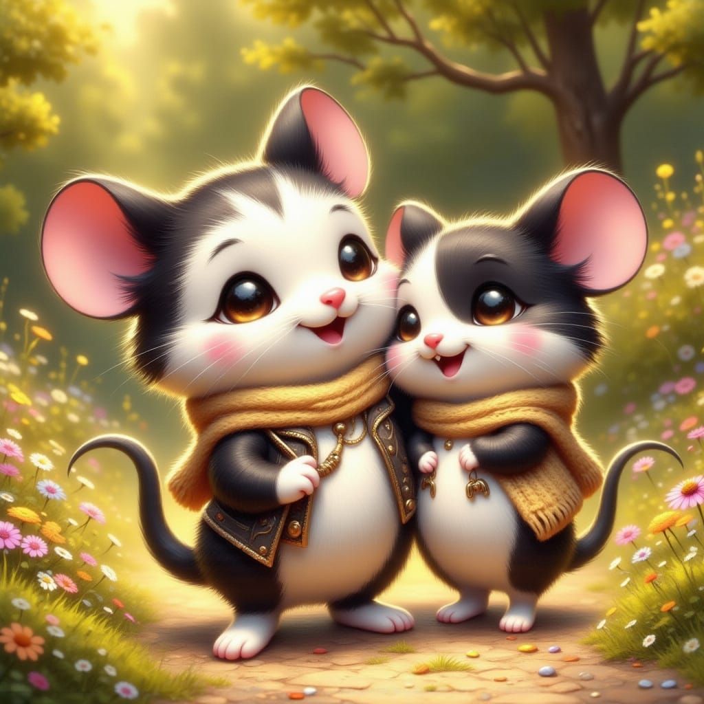 Tuxedo Cat and Mouse Friends Dressed for a Jog