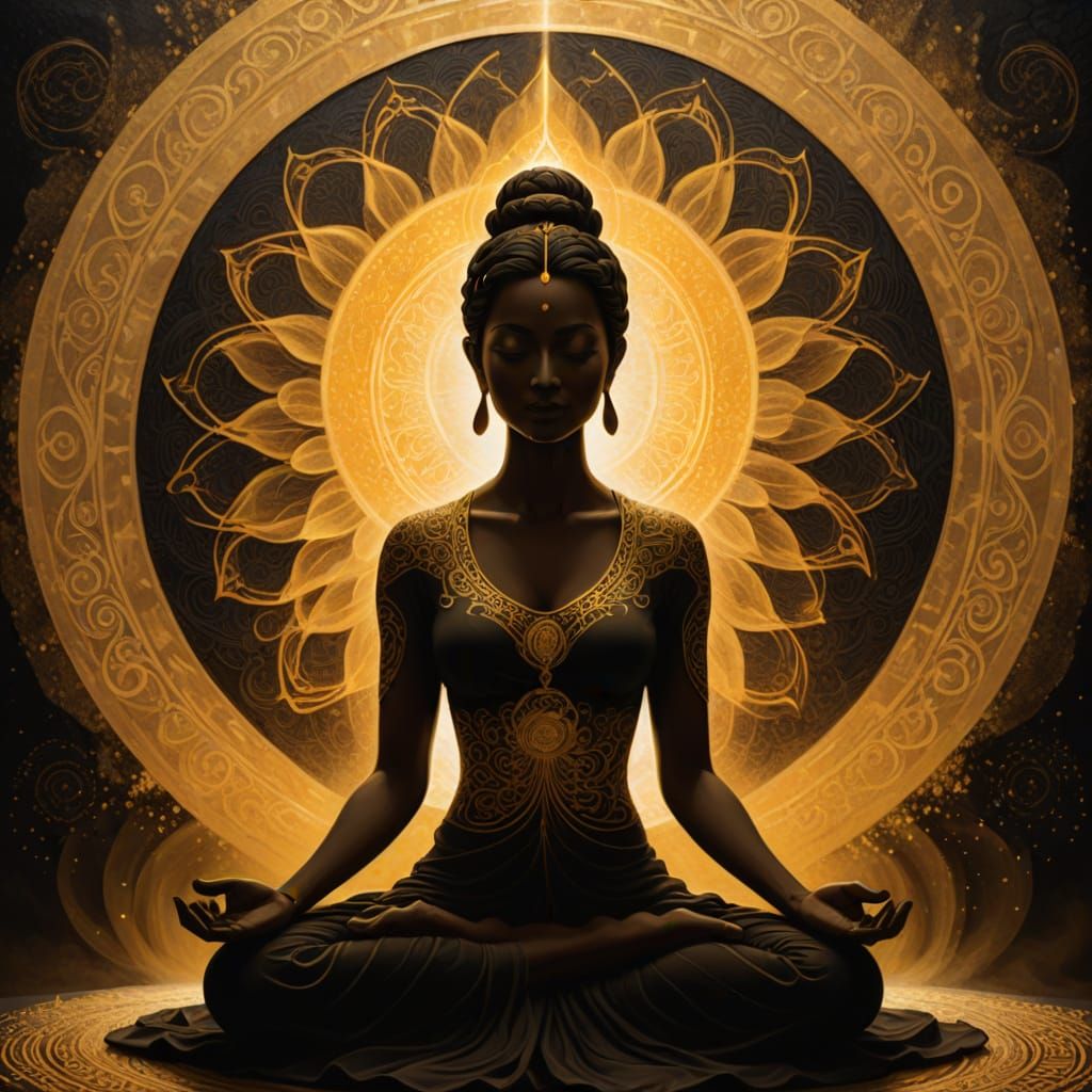 Meditating Silhouette With Golden Aura in Spiritual Art Styl...