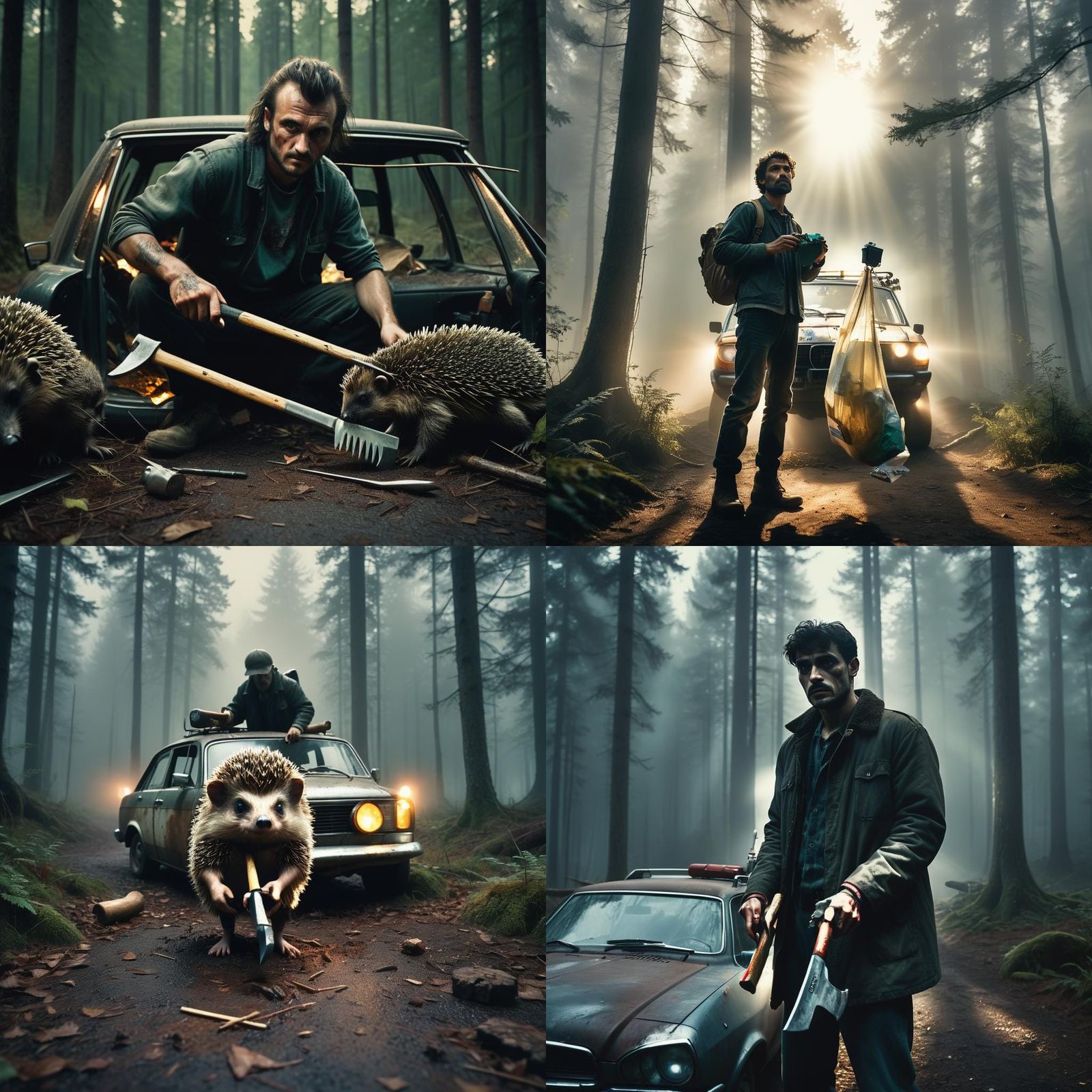 Cinematic Film Still of Curly Man in Forest