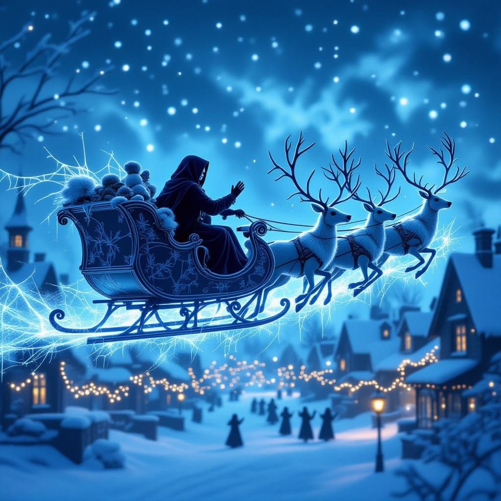 Spectral Santa Flies Over Haunted Village in Winter