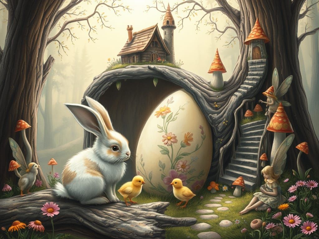 Fantasy Fairy Village with Bunny in Fairytale Art