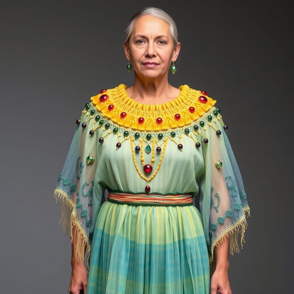 Woman in Jewel-Toned Sheer Dress with Yarn Bombing Accents